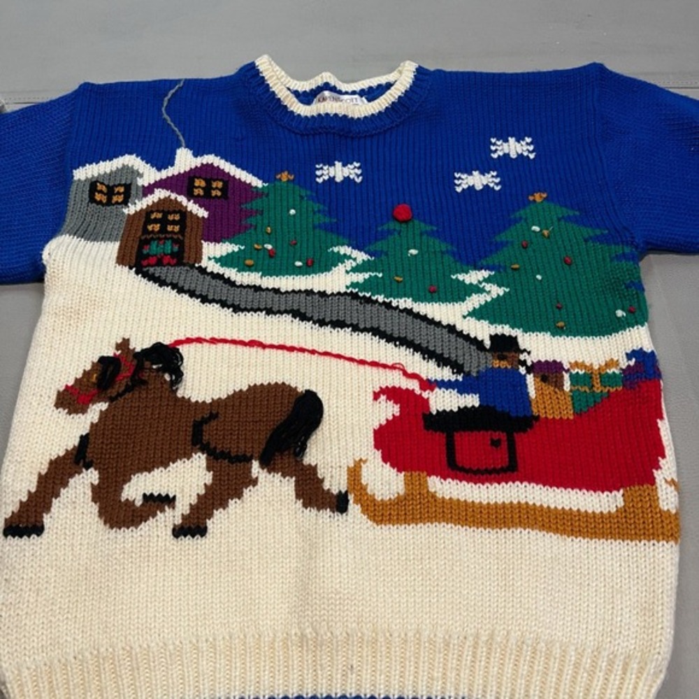 VTG 90s Y2K Women Blue Ugly Xmas Christmas Knit Sweater M Office party Snow-4348 - Picture 5 of 11